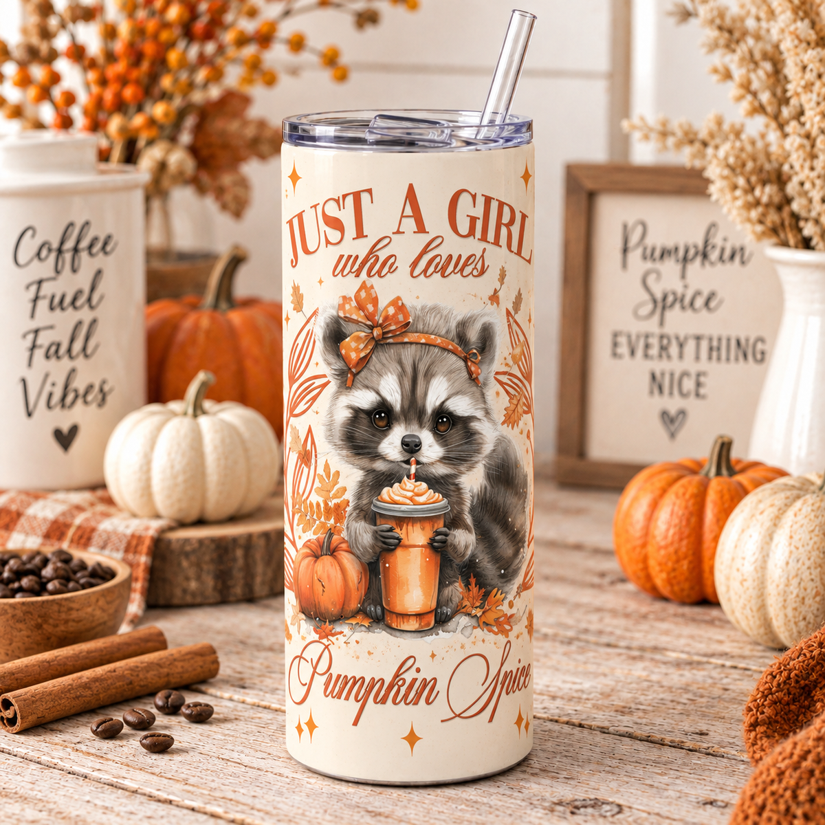 Just a Girl Who Loves Pumpkin Spice Raccoon 20 oz Tumbler