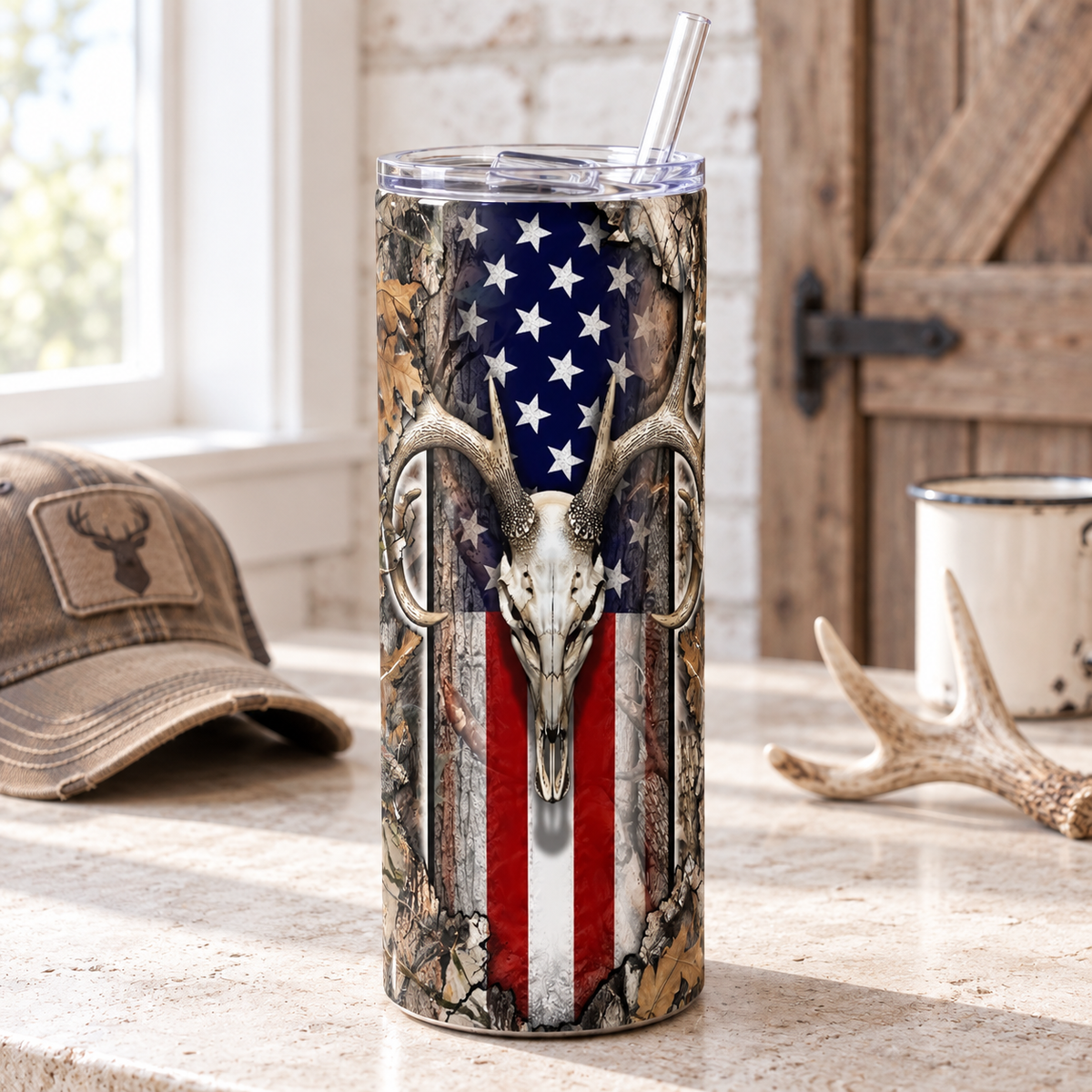 Patriotic Deer Skull and Woodland Camo 20 oz Skinny Tumbler