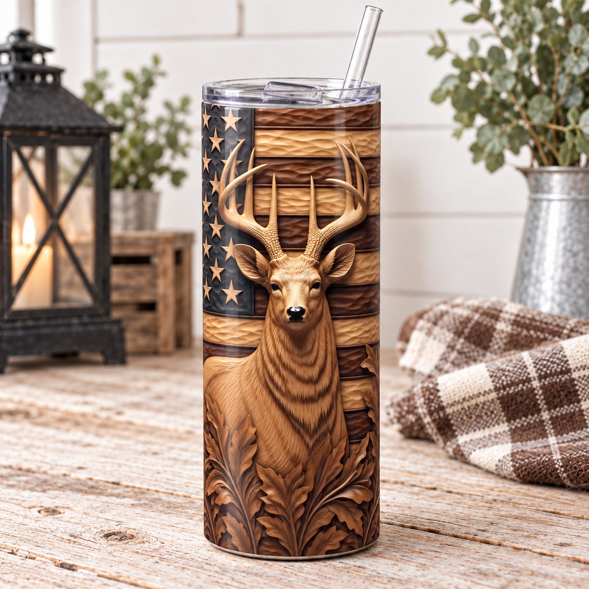 Carved Wood Deer and American Flag 20 oz Skinny Tumbler