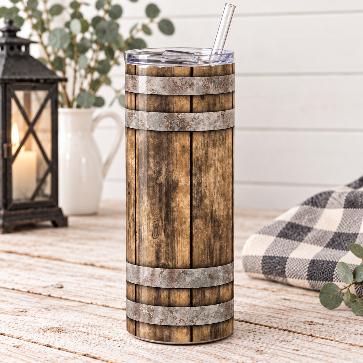 Rustic Wood and Metal Barrel 20 oz Skinny Tumbler