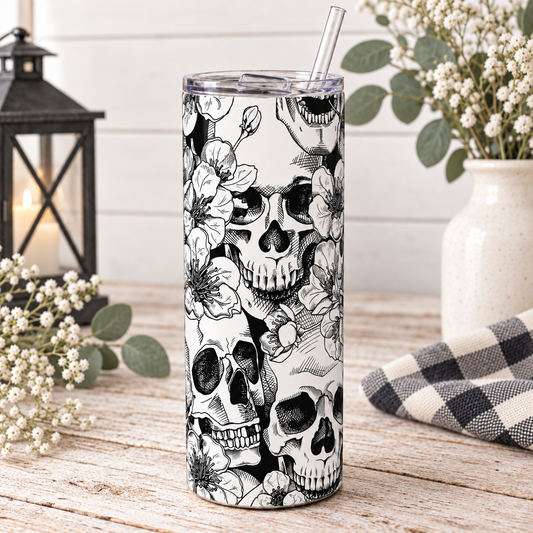 Black and White Skull & Floral 20 oz Skinny Tumbler