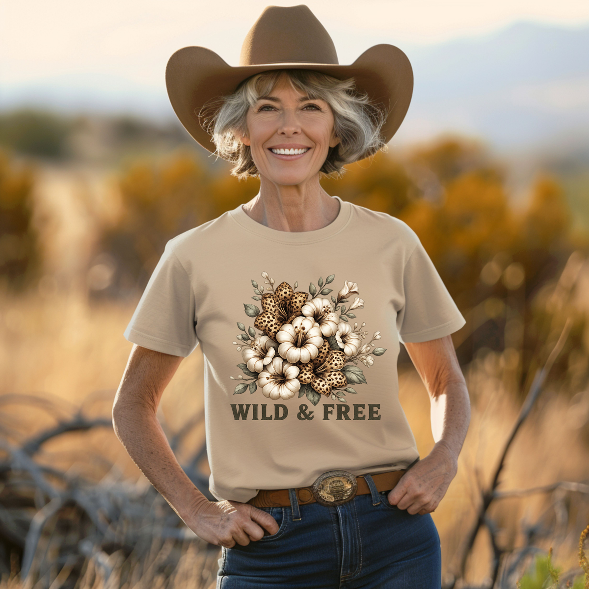 Wild & Free Western Floral T-Shirt | Leopard Print Flower Graphic Tee | Country Western Shirt