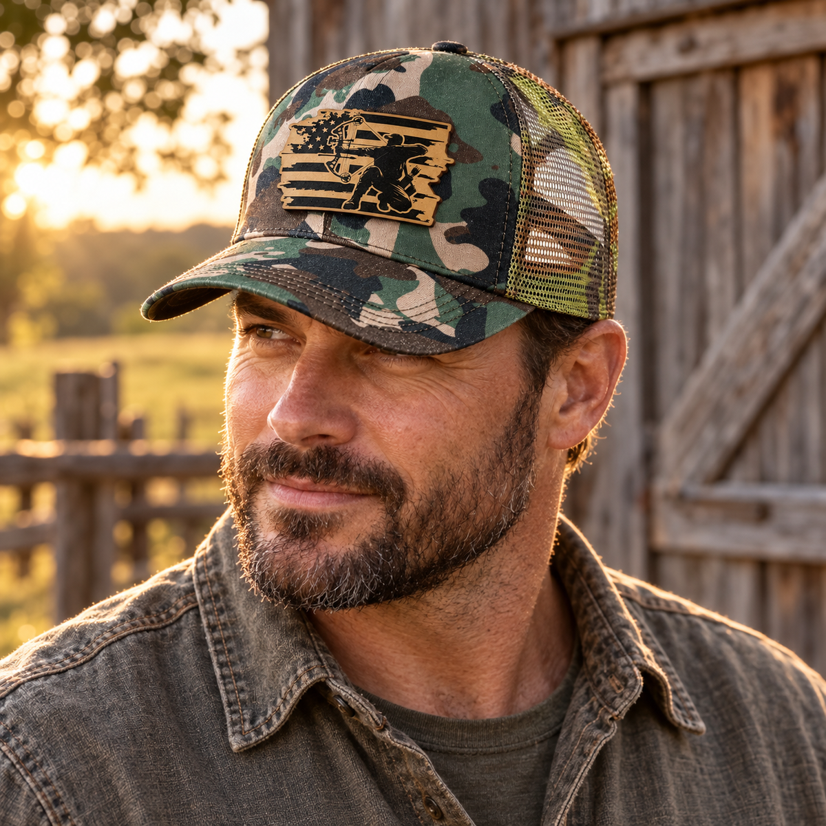 American Flag Bow Hunter Leather Patch Camo Trucker Hat